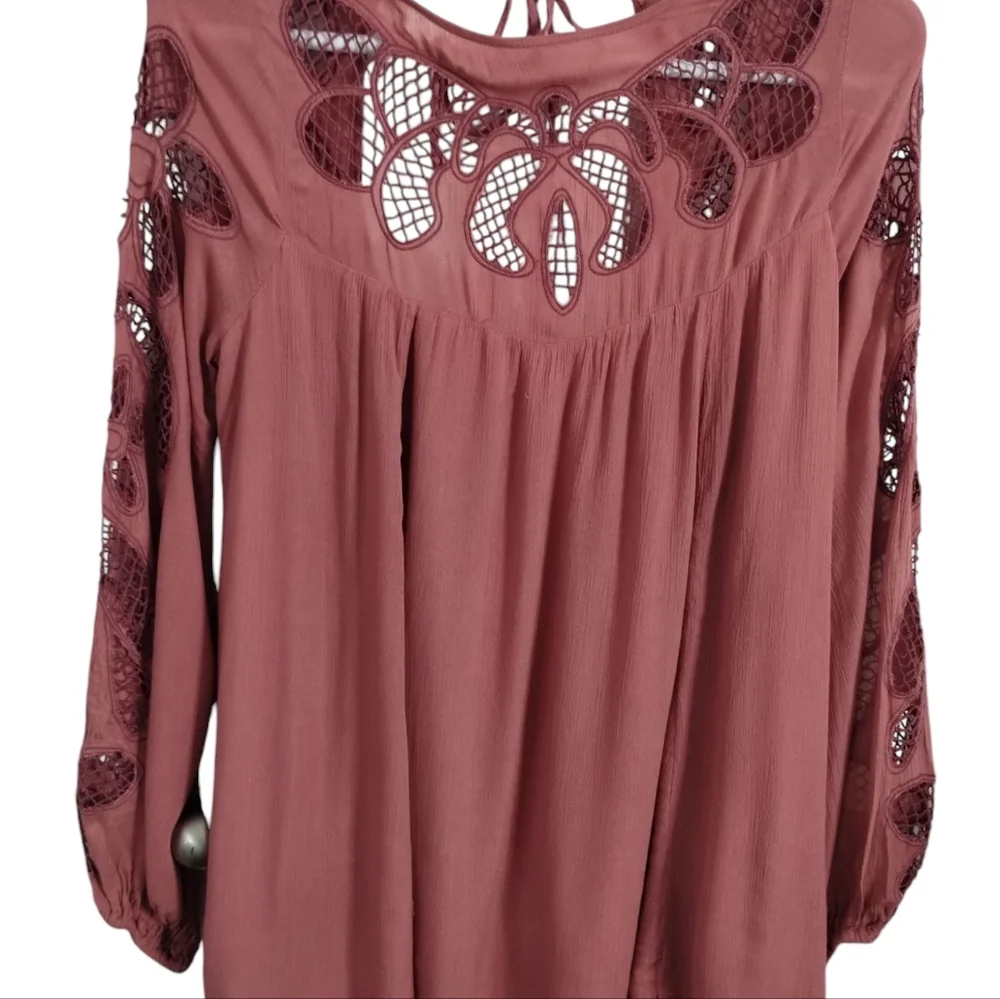 Free People Women's Gauze Lattice Whimsical Fairy Boho Mini Dress Size XS Oversi
